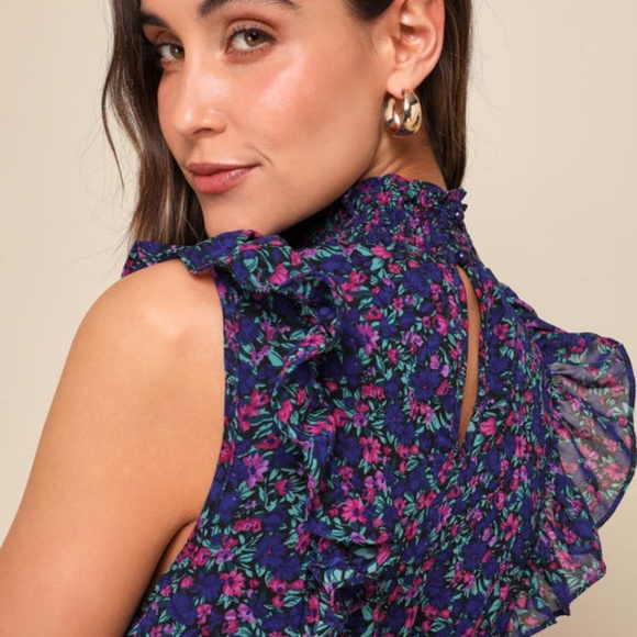 Lulus Evalina Navy Blue Floral Print Mock Neck Midi Dress - Size S - Picture 2 of 4